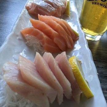 Sushi R91 - Top: fatty salmon sashimi (5 PCs)$13 Middle: Salmon sashimi (5 PCs) $12 Bottom: yellowtail sashimi (5 PCs) $13 - Japanese Near Me - Riverside, California