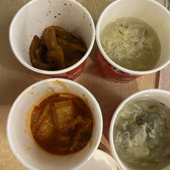 Bao-Ing-Out - Chilled Radish Salad, Kimchi (Left side)  Egg Drop Soup (Right) - Dim Sum Near Me - Eugene, Oregon