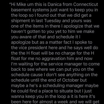 Connecticut Basement Systems Radon and Well Pumps - Transcript from voicemail where Yettica(Danica) mentions that she spoke with a VP and they are going to do the H float at no charge. - General Contractors Near Me - Stratford, Connecticut