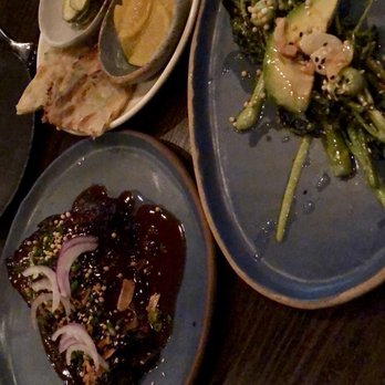 Sparrow + Wolf - Lamb neck (bottom left) - too fatty. But good flavor meat & sauce.  Brocolini(right) - meh Scallion pancakes (top) - good with the lamb. - New American Near Me - Las Vegas, Nevada