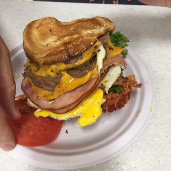 Pink Shop Diner And Grill - The secret menu item... the Farm. Double Bacon Cheese burger with ham, egg, sausage an added. Wowzers. - Breakfast & Brunch Near Me - American Fork, Utah Pink Shop Diner And Grill - The secret menu item... the Farm. Double Bacon Cheese burger with ham, egg, sausage an added. Wowzers. - Breakfast & Brunch Near Me - American Fork, Utah
