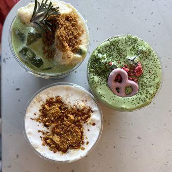 Daydrift - Banana Pudding Matcha (Top Left) Strawberry Yuzu Matcha (Middle Left) Drift Cream Coffee (Bottom) - Coffee & Tea Near Me - Costa Mesa, California