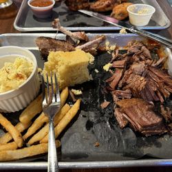 3Mix BBQ - Brisket Platter with fries, tater salad, cornbread and cinnamon butter- wings opposite