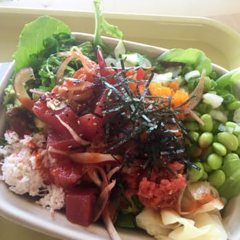 Poke Ave - Regular poke bowl with tuna, spicy tuna, and spicy salmon. With the addition of pretty much every delicious topping they have - Seafood Near Me - Brea, California Poke Ave - Regular poke bowl with tuna, spicy tuna, and spicy salmon. With the addition of pretty much every delicious topping they have - Seafood Near Me - Brea, California