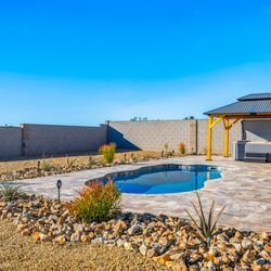 Aquatic Pools & Landscape - inground fiberglass pool installation with new decking, landscaping, shading for above ground hot tub