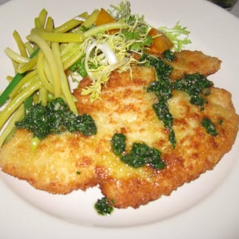 Chez Panisse - Petti di pollo alla milanese: Soul Food Farm chicken breast pan-fried in breadcrumbs with salsa rossa - New American Near Me - Berkeley, California Chez Panisse - Petti di pollo alla milanese: Soul Food Farm chicken breast pan-fried in breadcrumbs with salsa rossa - New American Near Me - Berkeley, California