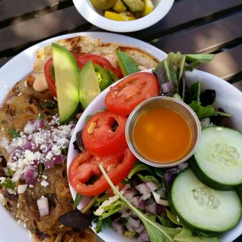 Seis Kitchen - Puerco Verde Torta... yummy!!  Side salad.. tasty dressing. Calabacitas..not too exciting. - Mexican Near Me - Tucson, Arizona