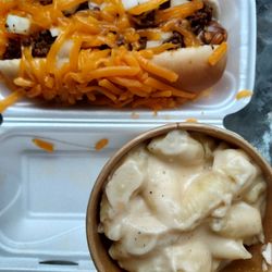 Bus Stop Bistro - Beef coney dog Mac n cheese