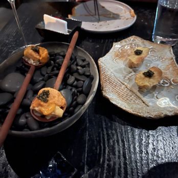 Robin - Sushi chef tai (left) and potato chip nigiri with caviar (right) - Sushi Bars Near Me - San Francisco, California