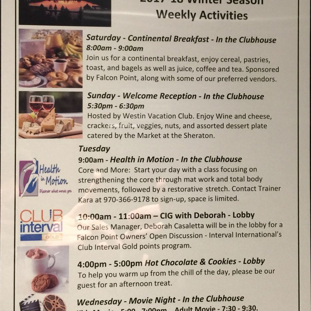 Falcon Point by East West Hospitality - Important happenings onsite at the Resort... we've already tried the  +  Wine & Cheese, provided by local Avon Westin & Sheraton Inns - Hotels Near Me - Avon, Colorado