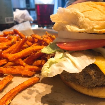Front Porch - Classic Burger - American Kobe ground beef with American cheese, lettuce, tomato, onion, pickle and sweet potato fries - Bars Near Me - Hoover, Alabama Front Porch - Classic Burger - American Kobe ground beef with American cheese, lettuce, tomato, onion, pickle and sweet potato fries - Bars Near Me - Hoover, Alabama