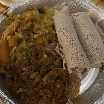Konjo Ethiopian Food - Beef Combo with 1 Veggie and 2 rolls of Injera - Ethiopian Near Me - Edgewater, Colorado Konjo Ethiopian Food - Beef Combo with 1 Veggie and 2 rolls of Injera - Ethiopian Near Me - Edgewater, Colorado
