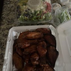 Brooklyn Heights Pizzeria - Wings and Large Greek Salad, celery sticks, blue cheese dressing