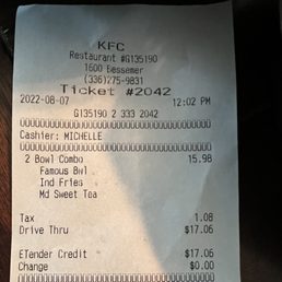 Receipt showing Ind Fries.