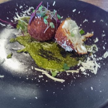 Treno Pizza Bar - Delicious arancini on a smear of mint pesto - Pizza Near Me - Westmont, New Jersey Treno Pizza Bar - Delicious arancini on a smear of mint pesto - Pizza Near Me - Westmont, New Jersey