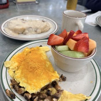 Country Waffles - Egg & Mushroom Omelette with a side of Biscuit & Gravy and fruit. - Breakfast & Brunch Near Me - Hayward, California Country Waffles - Egg & Mushroom Omelette with a side of Biscuit & Gravy and fruit. - Breakfast & Brunch Near Me - Hayward, California