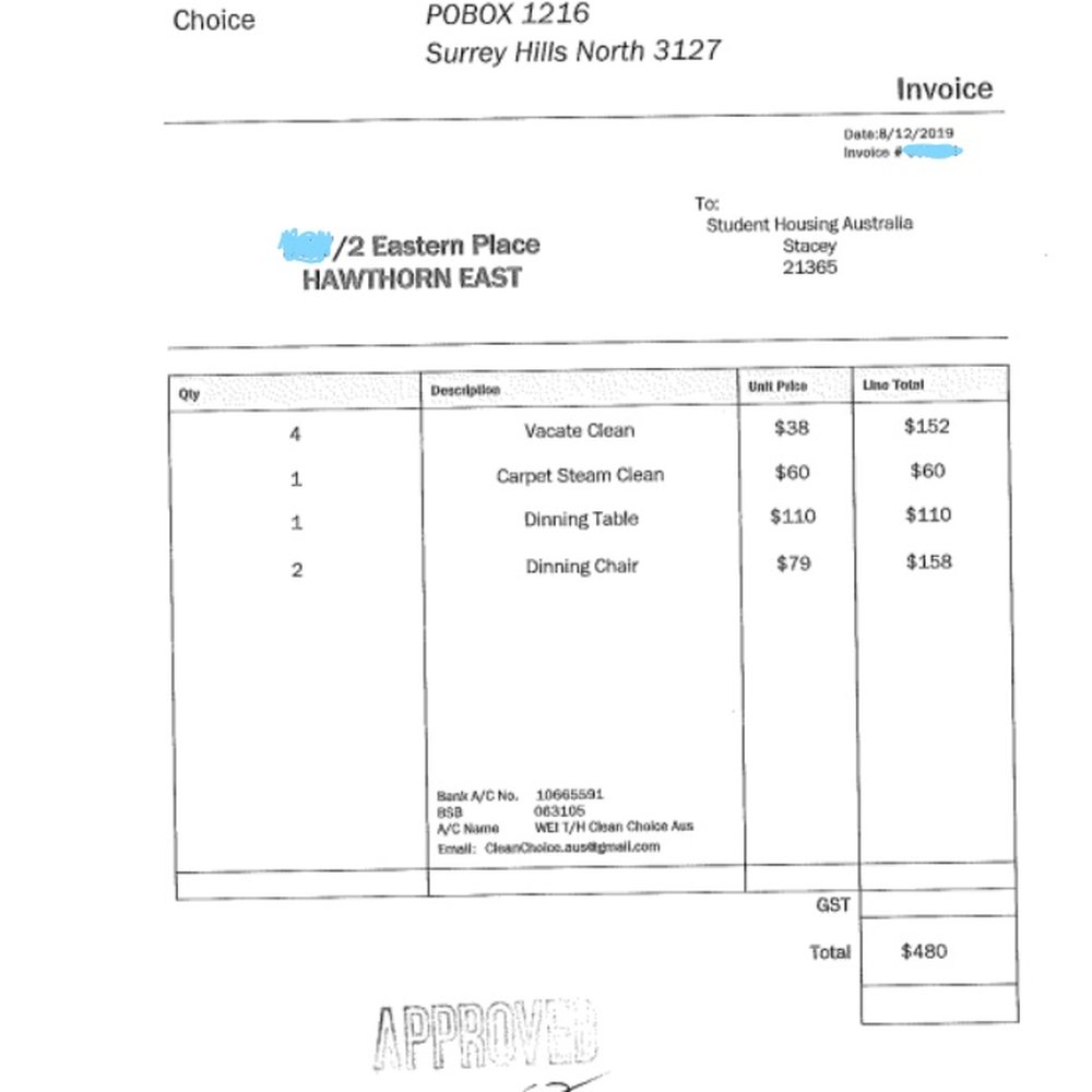 Student Housing Australia - Cleaning Invoice - University Housing Near Me - Melbourne, VIC