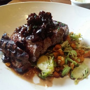 City Cellar - flat iron steak on a bed of sweet potato puree with  vegetables - Wine Bars Near Me - Westbury, New York