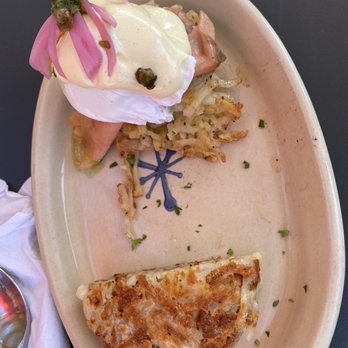 Snooze, an A.M. Eatery - Half of the lox & latkes eggs benedict. (They split the plate for us) I like how they use a latke as the base. - Breakfast & Brunch Near Me - Orange, California Snooze, an A.M. Eatery - Half of the lox & latkes eggs benedict. (They split the plate for us) I like how they use a latke as the base. - Breakfast & Brunch Near Me - Orange, California