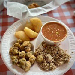 Stephenson's Bar-B-Q - Pig and Stew Combo with boiled potatoes and fried okra