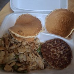 Fresh Donuts - Pancake breakfast with sausage and home fries ((minus the eggs)