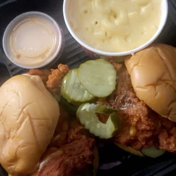Dave's Hot Chicken - Dave's #2 - 2-Sliders with Mac N cheese, also a side of fries ( not pictured) - Chicken Shop Near Me - Santa Maria, California Dave's Hot Chicken - Dave's #2 - 2-Sliders with Mac N cheese, also a side of fries ( not pictured) - Chicken Shop Near Me - Santa Maria, California