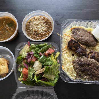 Wally's Cafe - Combo Specialty Plate with Kafta Kabob and Lamb Kabob, Lentil Soup, Side Salad, and Baklava - Middle Eastern Near Me - Emeryville, California