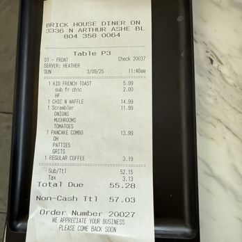 Brick House Diner - Receipt - Diners Near Me - Richmond, Virginia Brick House Diner - Receipt - Diners Near Me - Richmond, Virginia