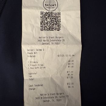 Nation's Giant Hamburgers - The receipt from the visit to Nation's Giant Burgers - Burgers Near Me - Denton, Texas Nation's Giant Hamburgers - The receipt from the visit to Nation's Giant Burgers - Burgers Near Me - Denton, Texas