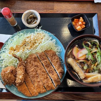 Yoko - Combo of donkatsu (pork) and udon; combo meal also includes shrimp tempura, potato croquette, and banchan (pickled radish, jalapeños) - Japanese Near Me - Buena Park, California Yoko - Combo of donkatsu (pork) and udon; combo meal also includes shrimp tempura, potato croquette, and banchan (pickled radish, jalapeños) - Japanese Near Me - Buena Park, California
