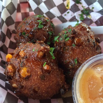 Scolari's Good Eats - Fresh California Corn Hushpuppies with Cayenne Honey Butter - Burgers Near Me - Alameda, California