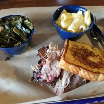 Dixie Q - Pulled pork platter with collard greens, and mac & cheese - Barbeque Near Me - Atlanta, Georgia Dixie Q - Pulled pork platter with collard greens, and mac & cheese - Barbeque Near Me - Atlanta, Georgia