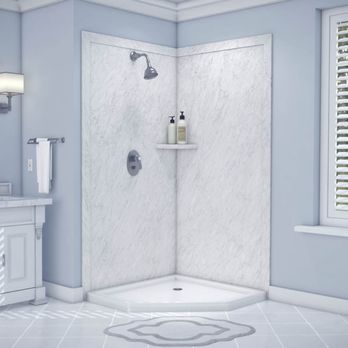 Rapid Bath Remodel - a bathroom with a corner shower - General Contractors Near Me Rapid Bath Remodel - a bathroom with a corner shower - General Contractors Near Me