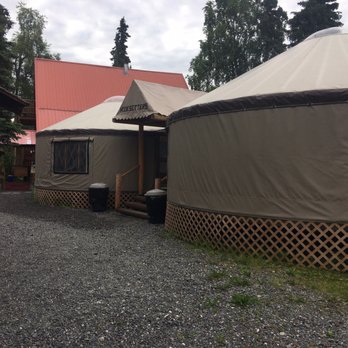 Alaska Hooksetters Lodge - The lodge (red roof) and dining yurts. - Tours Near Me - Kenai, Alaska
