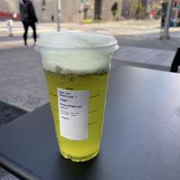 a cup of green tea on a table