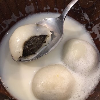 Cafe Oriental - Dessert: Black sesame balls (my favorite) dipped in semi-skim milk - Cafes Near Me - Cambridge, CAM