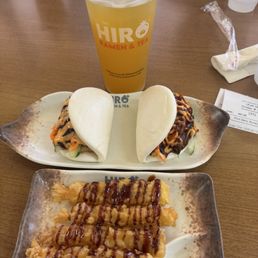Shrimp Tempura (4) and Pork Belly Buns(2) and Mango Peach Tea