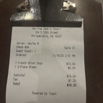 Darling Jack's Tavern - Receipt - New American Near Me - Philadelphia, Pennsylvania