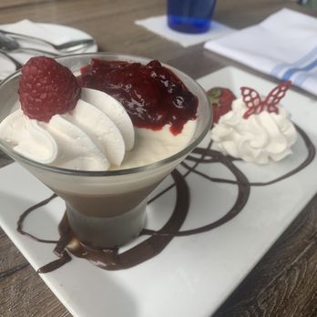 Montecatini Restaurant - Vanilla and Chocolate Panna Cotta with raspberry jam. Sweet and creamy. Lovely plating. Perfect portion. - Italian Near Me - Miami, Florida