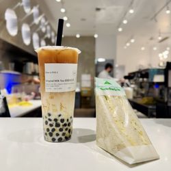 Don't Yell at Me - Original Milk Tea with brown sugar pearls, egg salad & chive sandwich