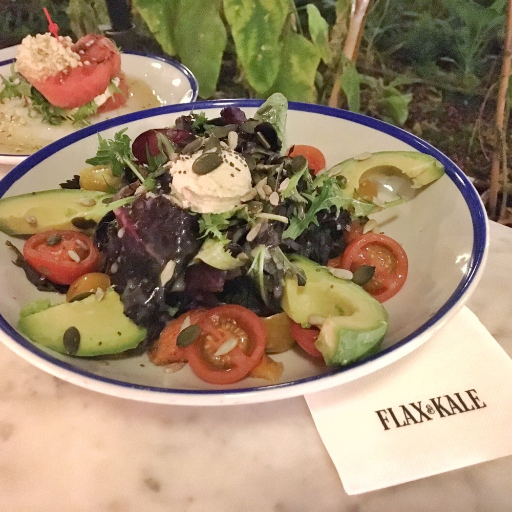 Flax & Kale - Roasted Carrots & Avocado Salad + Grilled Watermelon in the back - Spanish Near Me - Barcelona, B