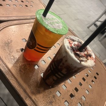 Blendz Boba Tea Lounge - Raspberry truffle w pomegranate boba  Peach Red Bull with mango boba - Desserts Near Me - Glendale, Arizona