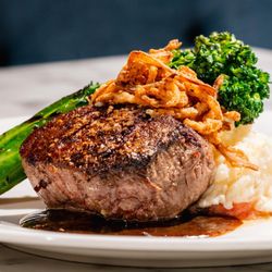 The Finch - Filet mignon with grilled broccolini, whipped potatoes, and house made demi-glace