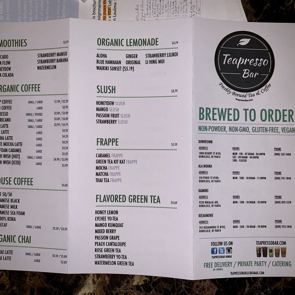 Teapresso Bar - Menu tri-fold (outside) - Coffee & Tea Near Me - Honolulu, Hawaii Teapresso Bar - Menu tri-fold (outside) - Coffee & Tea Near Me - Honolulu, Hawaii
