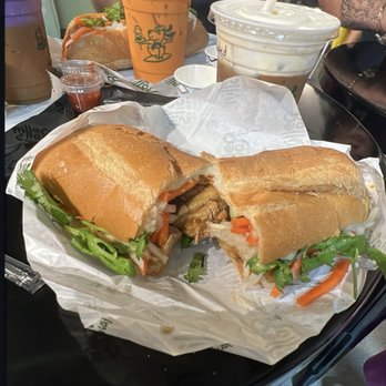 Rollin’ Rolls Cafe - Bestest  Lemongrass Chicken Ban Mi I've ever had !!!!!! With Thai tea and coffee salted foam. - Vietnamese Near Me - Urban Honolulu, Hawaii