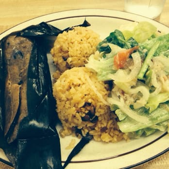 Jackie's Diner - Spicy pastele, Spanish rice, a scoop of Mac salad and bacalao salad $9.25 - Hawaiian Near Me - Aiea, Hawaii