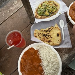 Chicken tikka masala, Hibiscus Lemonade, Original naan, and avocado naan.
