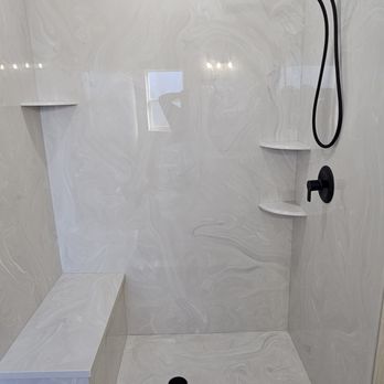 Pro Marble - Dove and sterling silver shower with a bench seat and custom pan - General Contractors Near Me - Rupert, Idaho Pro Marble - Dove and sterling silver shower with a bench seat and custom pan - General Contractors Near Me - Rupert, Idaho