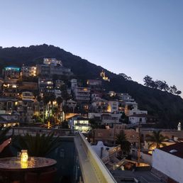 Roof top balcony at sunset.
