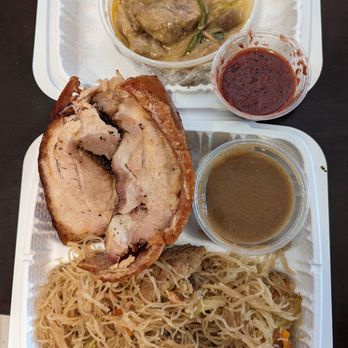 Pinoy BBQ ATBP - Clockwise fom top:  kare kare, bagoong, lechon swetlet sauce, pancit noodles, pork belly - Barbeque Near Me - Milpitas, California